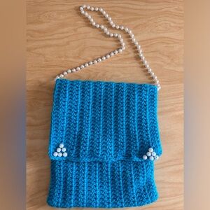 Hand crafted turquoise blue with pearls hand knit crochet handbag purse